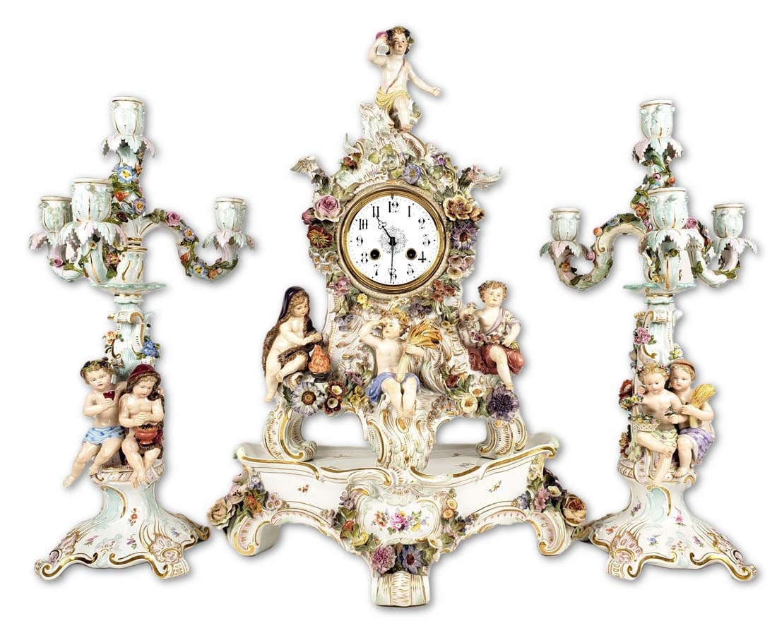 Magnificent 19th C. Meissen Figural Flower Encrusted Clockset (1 of 18)