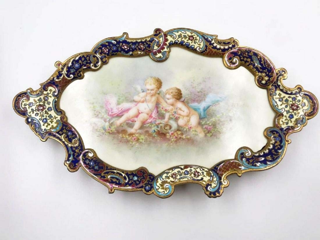 19th C. French Champleve Enamel Tray: 19th C. French Champleve Enamel Tray. Measures 11" x 6"