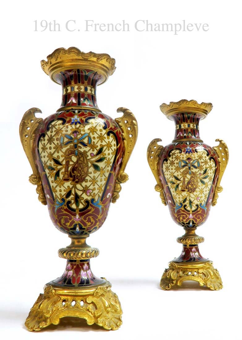 Pair of 19th C. French Champleve Enamel Vases: Pair of 19th C. French Champleve Enamel Vases. They measure H: 6" W: 3"