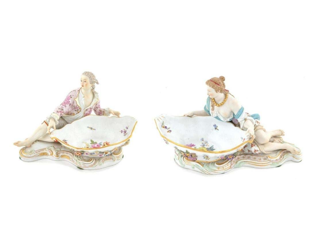 Pair of Large 19th C. Meissen Figural Sweet Meat Porcelain Dishes: Pair of Large 19th C. Meissen Figural Sweet Meat Porcelain Dishes. The male measures H: 7 1/2" W: 11 3/4" D: 10" and the female measures H: 6 3/4" W: 12" D: 8"