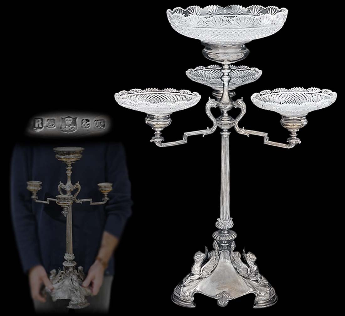 19th C. English Silver Plated Figural Centerpiece With Crystal Bowls: 19th C. English Silver Plated Figural Centerpiece With Crystal Bowls. H 25 1/2" x W 16 1/2"