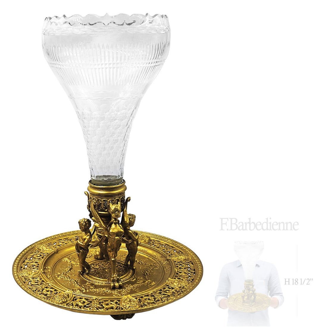 19th C. Fernando Barbedienne Figural Bronze Crystal Mounted Vase \ Centerpiece (1 of 7)