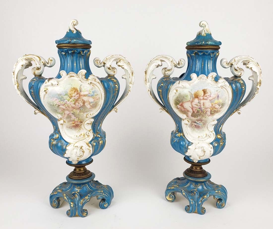 Pair of 19th C. French Sevres Porcelain Vases: Pair of 19th C. French Sevres Porcelain Vases. They measure H: 15" W: 9 1/8"