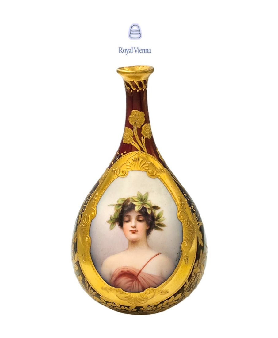 19th C. Hand Painted Royal Vienna Porcelain Ruby Red, Gold Gilded Vase Signed By Wagner: 19th C. Hand Painted Royal Vienna Porcelain Ruby Red, Gold Gilded Vase Signed By Wagner. H 5" x W 3"