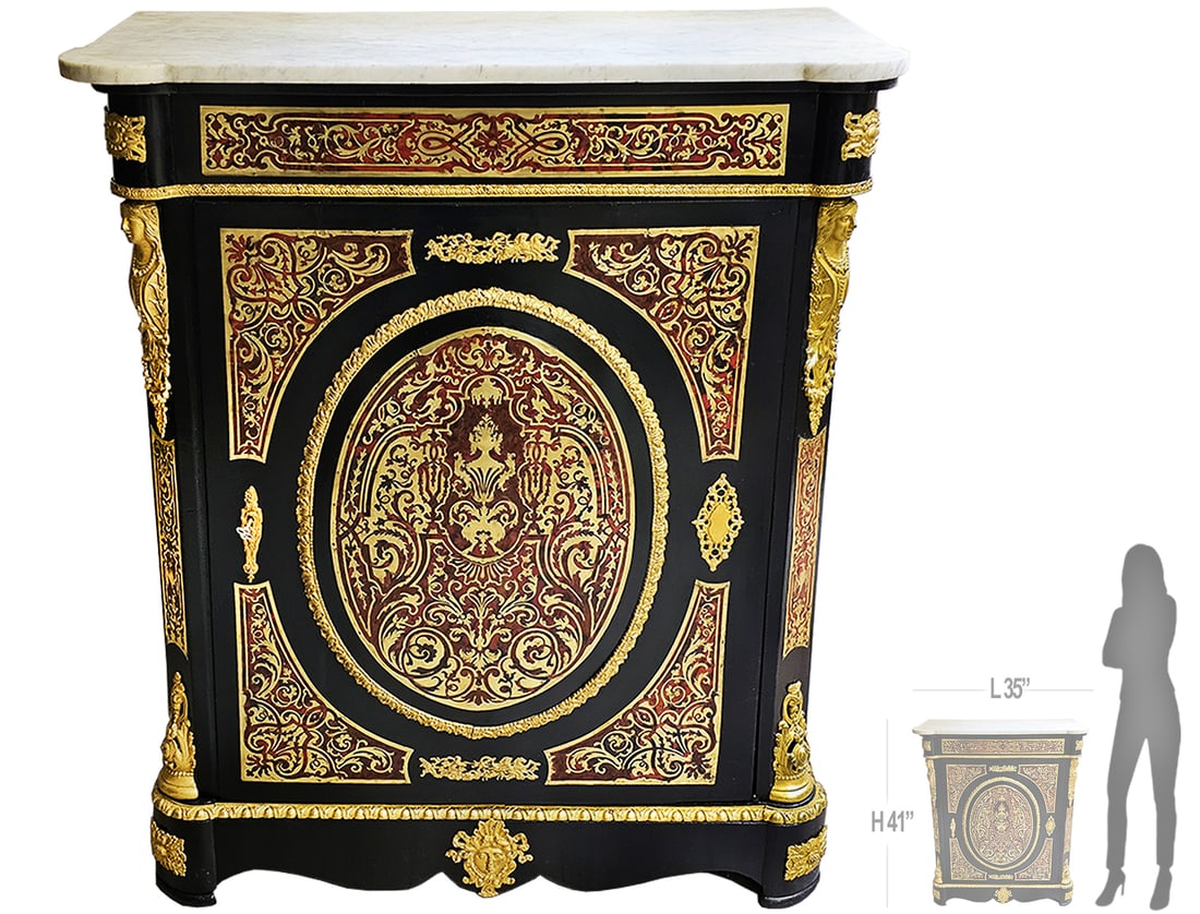 19th C. French Figural Bronze Boulle Cabinet: 19th C. French Figural Bronze Boulle Cabinet. H 41" x W 17" x L 35"