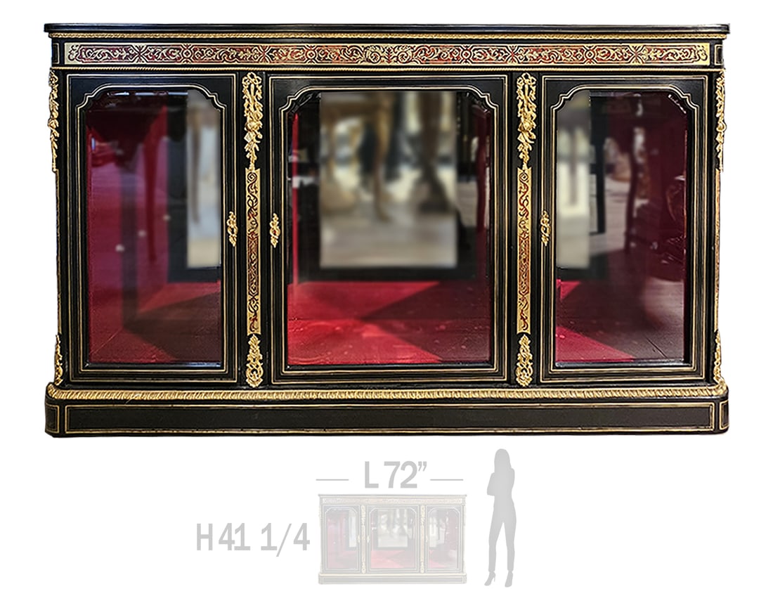 Late 19th C. French Boulle Vitrine Bronze Mounted Vitrine / Cabinet: Late 19th C. French Boulle Vitrine Bronze Mounted Vitrine / Cabinet. H 42 1/4" x W 15 1/2" x L 72"