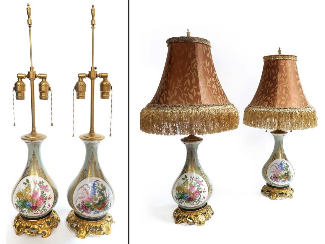 Pair Of 19th C. Hand Painted French Porcelain Lamps: Pair Of 19th C. Hand Painted French Porcelain Lamps. They measure H: 30"