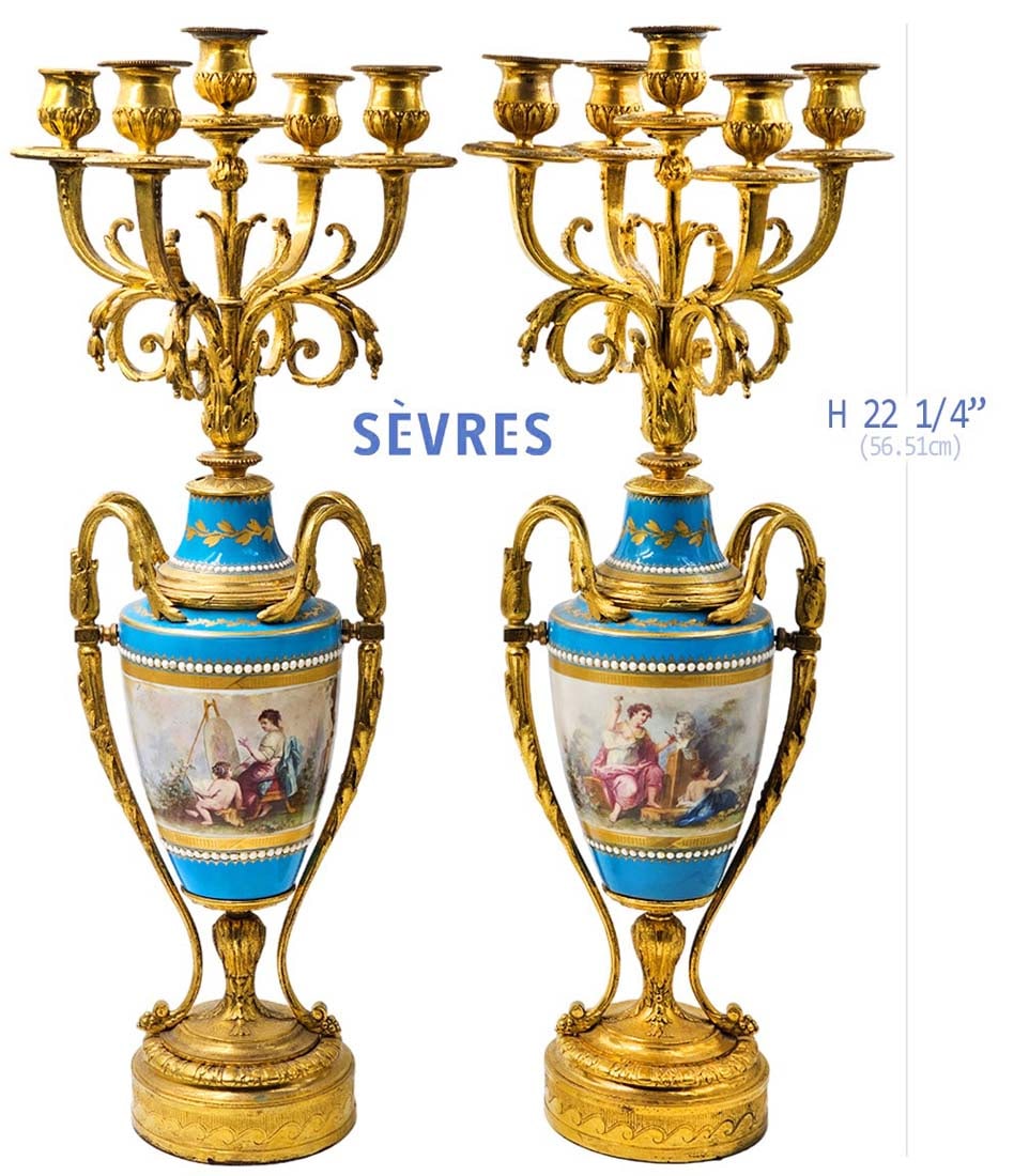 Pair Of 19th C. French Sevres Porcelain Bronze With Jeweled Enamel Candelabras: Pair Of 19th C. French Sevres Porcelain Bronze With Jeweled Enamel Candelabras. H 22 1/4" x W 9"