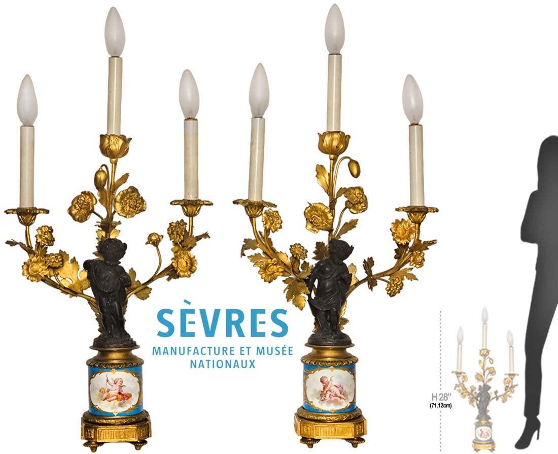 Pair Of 19th C. French Sevres Figural Bronze Mounted Candelabras / Lamps: Pair Of 19th C. French Sevres Figural Bronze Mounted Candelabras / Lamps. H 28" x W 5 1/2" x L 12"