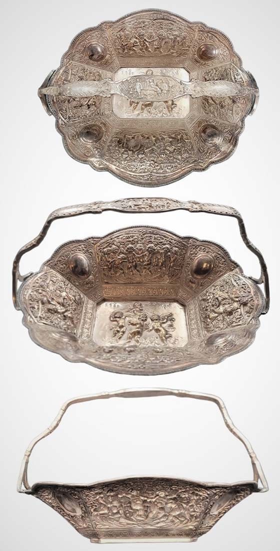 19th C. German Silver Center Piece Figural Basket: 19th C. German Silver Center Piece Figural Basket. L 13.5" x H 9" ( 1363g )