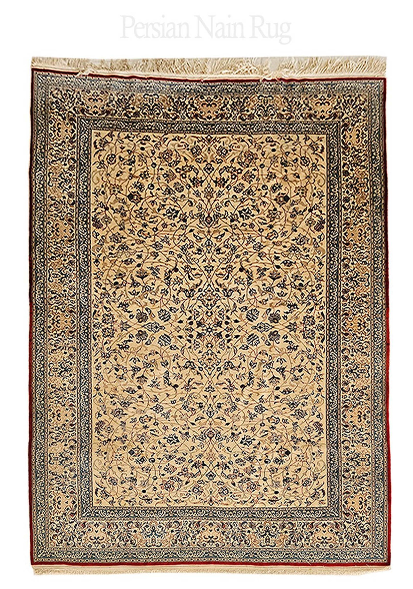 Fine Quality Persian Nain Rug: Fine Quality Persian Nain Rug. Nain is known for its intricate curvilinear floral designs, use of high quality Wool & Silk. Classic color palette of light Cream background. Carpet is over 60 years