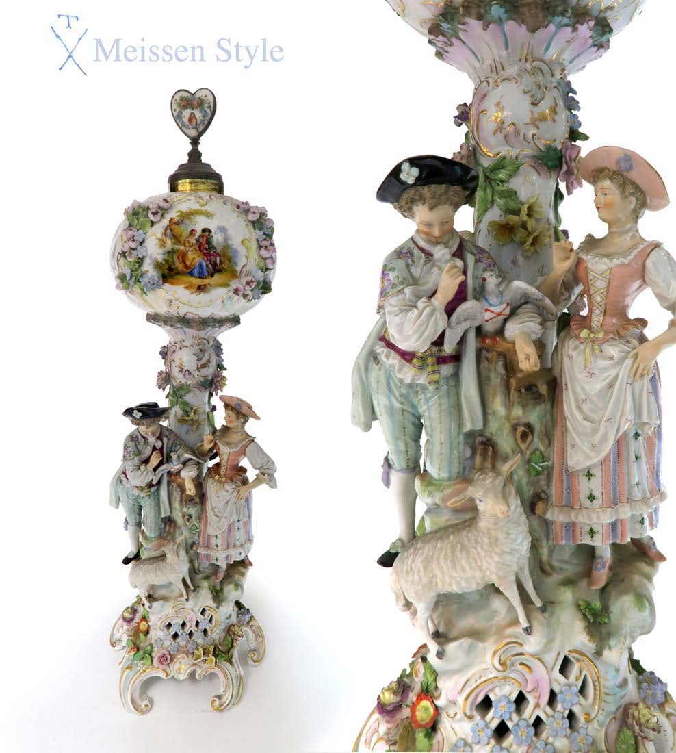 Large German 19th C Meissen Style Lamp Base: Large German 19th C Meissen Style Lamp Base. Measures H: 26"
