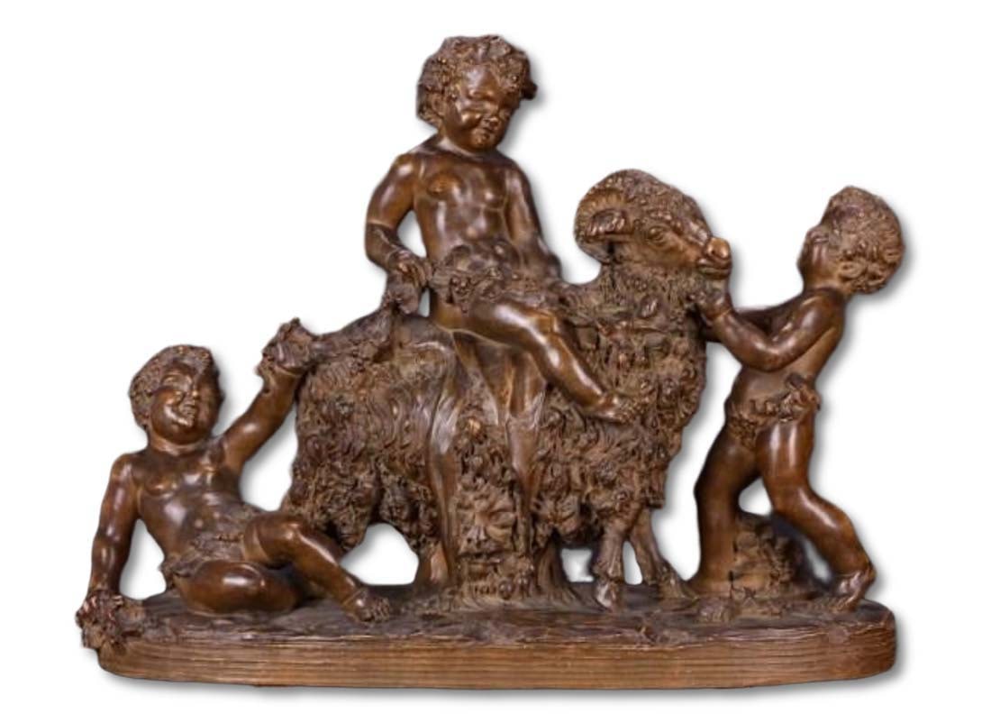 19th C. Terracotta Group of Cherubs & Ram Signed (1 of 2)
