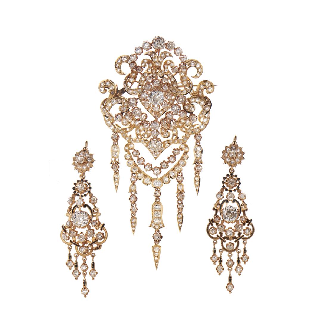 Brincos e alfinete, ouro, diamantes,séc.XIX, P.55g (1 of 1)
