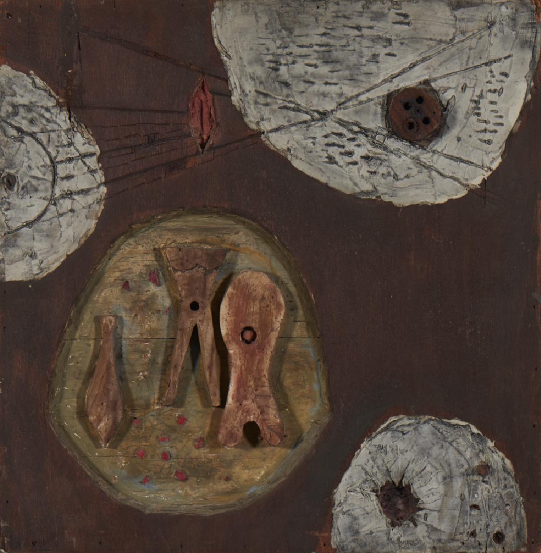 Júlio Alpuy, Colagem sobre madeira, 42 x 42 cm.: JULIO ALPUY (1919-2009) Colagem sobre madeira Assinado e datado de 1966 Dim. aprox.: 42 x 42 cm.