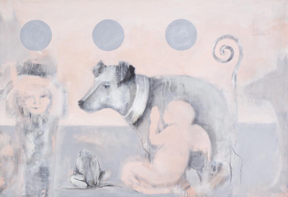GAMA, Miguel Telles, Acrílico s/tela, 123x177cm.: GAMA, Miguel Telles da Gama (n.1965) "O céu dos cães também é cor de rosa" Acrílico sobre tela Verso assinado e datado de 1997 Dim. aprox.: 123 x 177 cm.