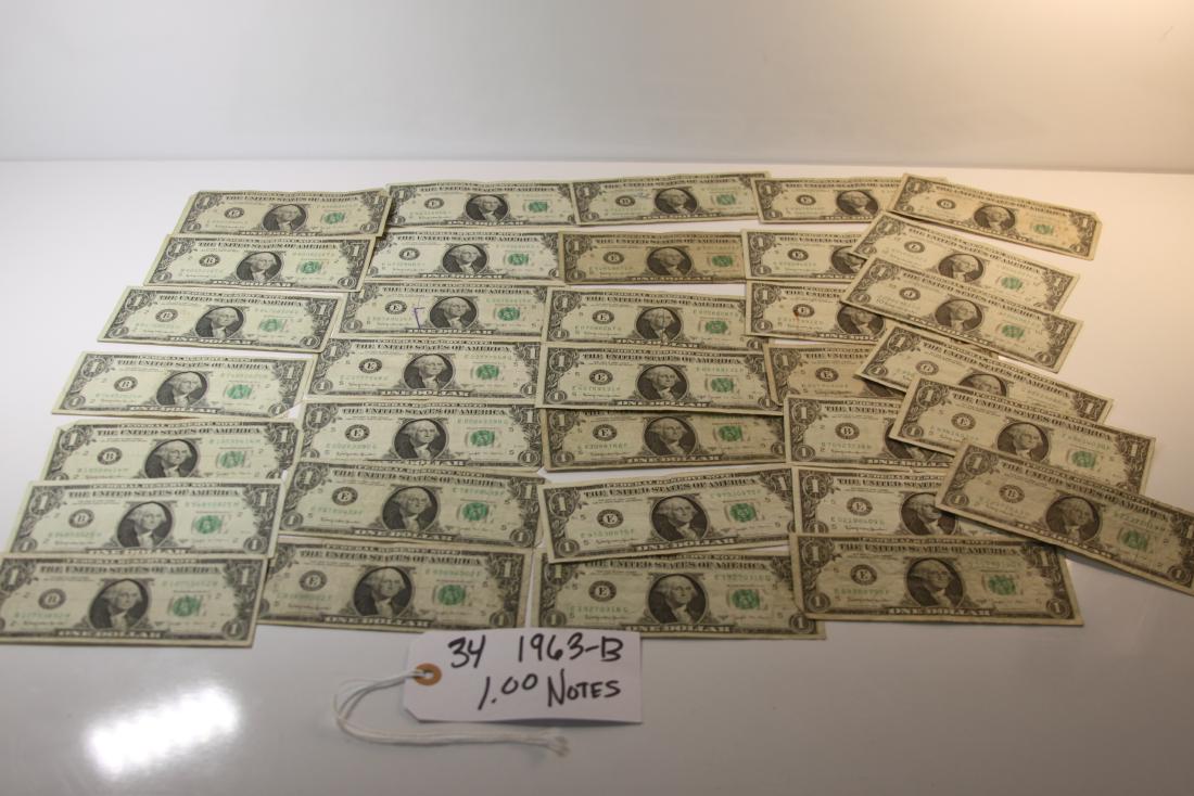 34 1963-B 1.00 Notes with 2 Star notes: 34 Total 1963-B 1 dollar notes. These notes are rare as Barr was only in office for a short time. Two are star notes