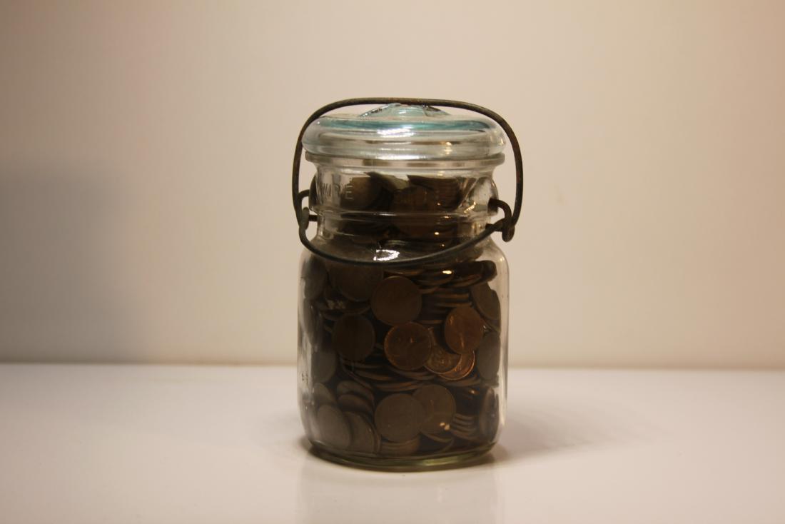 Mason Jar Full of Wheat Pennies: A pint mason jar filled with wheat pennies. As found.