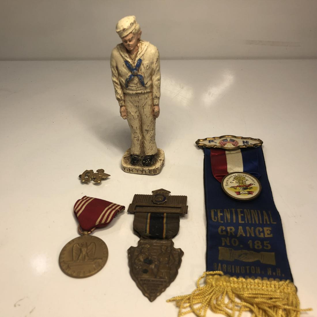5 smalls, military Boy Scouts, American Legion,: Metal painted Navy soldier from 1944 KFS, good conduct brass medal with red ribbon, 1951 American Legion brass medal and ribbon, Centennial Grange No 185 ribbon and button, double sided, 1911 Be Prepa