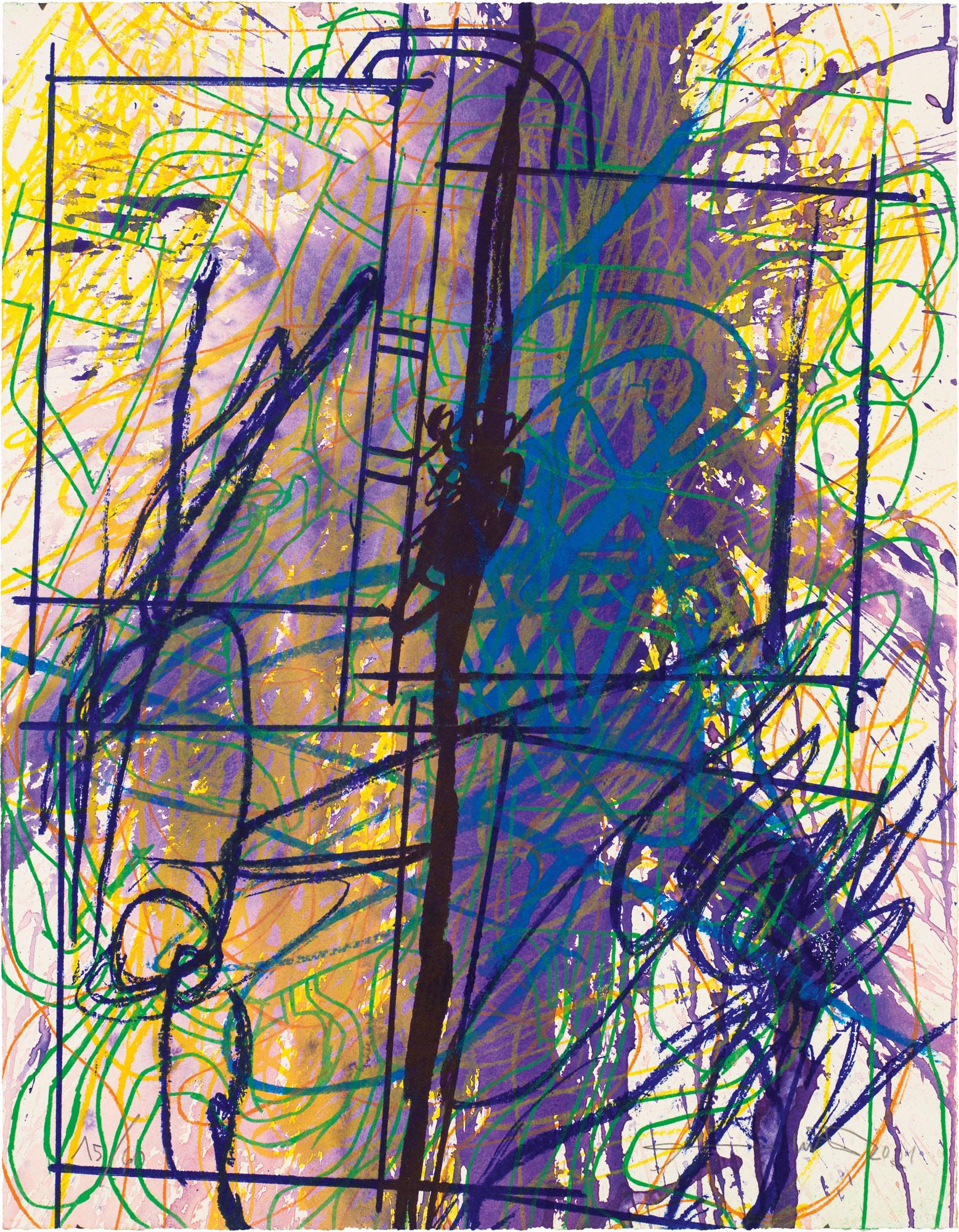 Hermann Nitsch: o.T.: Hermann Nitsch Untitled 2021 graphic reproduction on hand-coloured paper; unframed 64.5 x 50.5 cm numbered by the hand of the artist on the lower left: 15/60 signed and dated by the hand of the artist