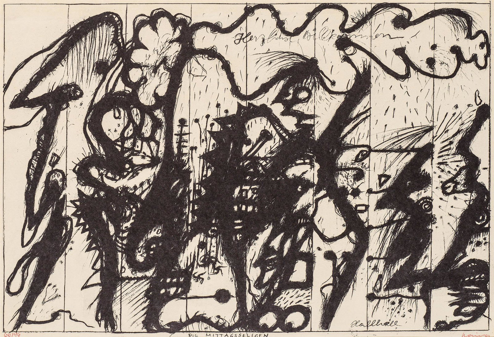 Arnulf Rainer: Die Mittagsseeligen: Arnulf Rainer "Die Mittagsseeligen" 1967 offset lithograph; framed 36.5 x 52.5 cm numbered and signed by the hand of the artist at the bottom: 66/96 Rainer 6th sheet from the portfolio "Wahnhall" priv