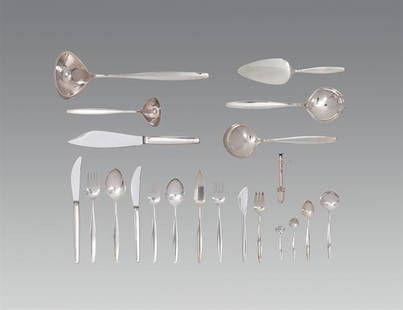 Tias Eckhoff and Georg Jensen: Cutlery set "Cypress": Tias Eckhoff and Georg Jensen Cutlery set no. 99 "Cypress" silver; 203-piece cutlery set, consisting of: 6 x 18 and 6 x 12 table cutleries; 23 serving pieces, each marked: "STERLING/DENMARK", "GEORG/J