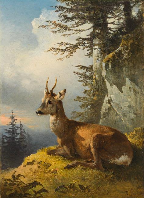 Friedrich Gauermann: Lying roebuck: Friedrich Gauermann Lying roebuck oil on panel 14.5 x 11 cm monogrammed on the lower right: F. G. Auktionshaus im Kinsky, Vienna, 15th November 1994, lot 32; private collection, Lower Austria