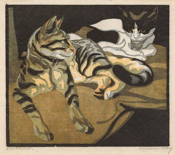 Norbertine Bresslern-Roth: Two cats: Norbertine Bresslern-Roth Two cats 1923 colour linocut on paper 17 x 19 cm (cut-out) signed on the lower right: Bresslern-Roth inscribed on the lower left: Handdruck. private property, Germany Christa