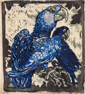 Ludwig Heinrich Jungnickel: "Zwei blaue Aras": Ludwig Heinrich Jungnickel "Zwei blaue Aras" 1914 colour woodcut on paper 45,5 x 41,5 cm (sheet size) signed on the lower right: L. H. Jungnickel old label with inscription on the reverse of the under