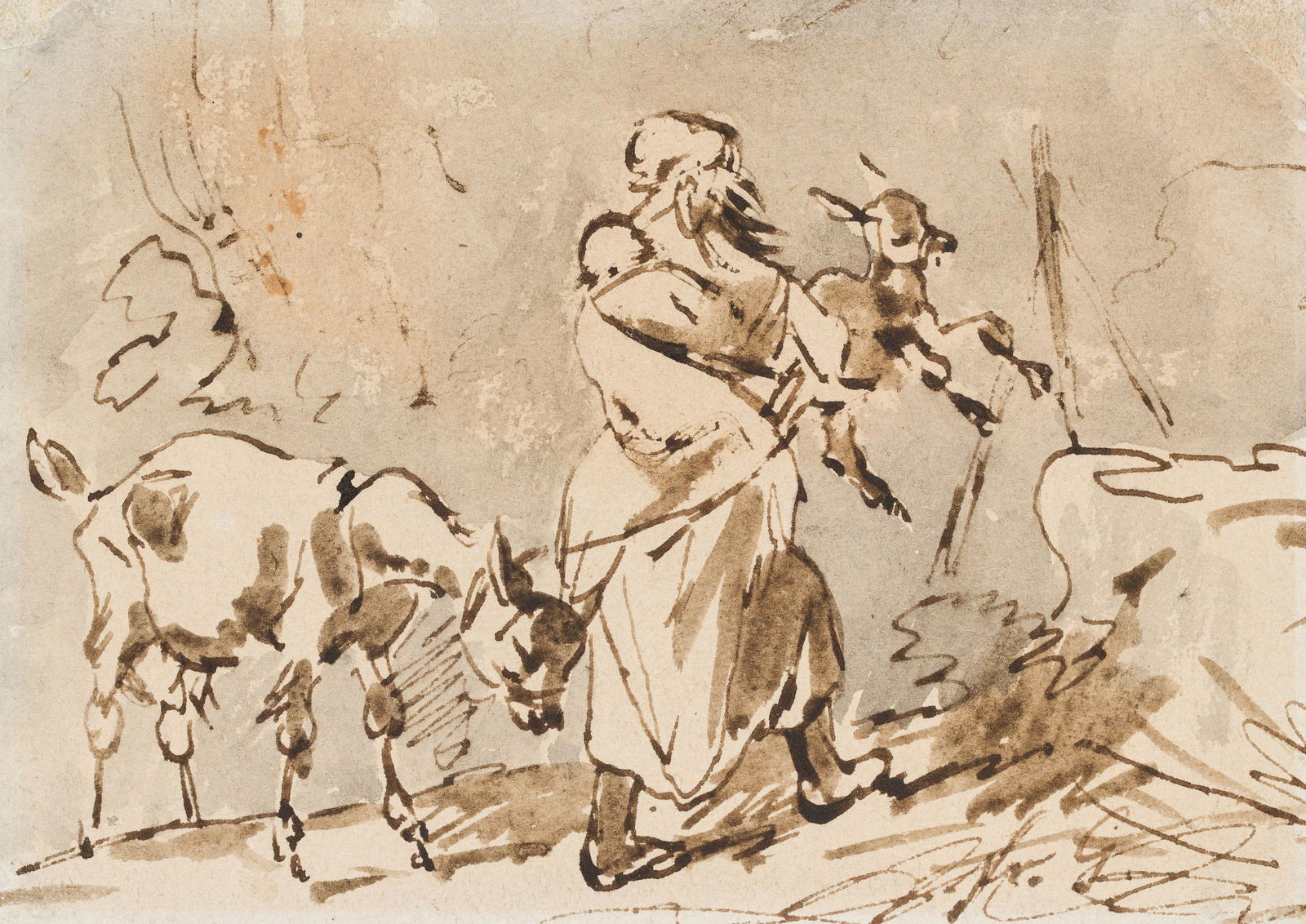 Circle of Friedrich Gauermann Shepherdess with kid and mother goatpen and India ink, wash8.5 x 12: Circle of Friedrich Gauermann Shepherdess with kid and mother goatpen and India ink, wash8.5 x 12 cmindistinctly inscribed on the lower right: fr. G.collection Erna Weidinger (1923â€“2021)