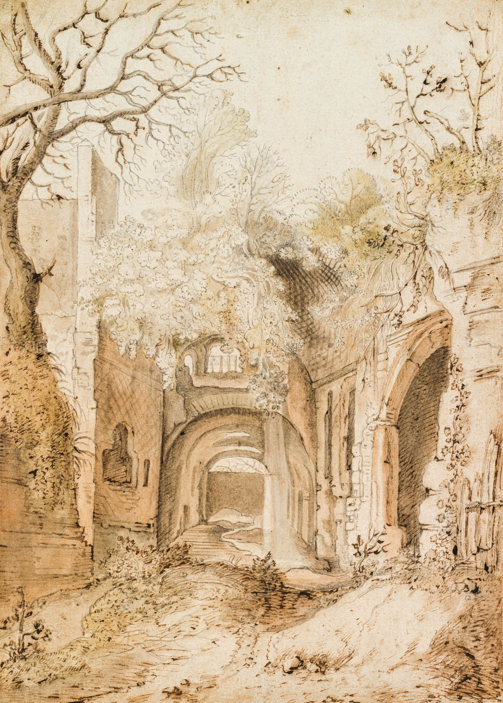 Attributed to Abraham BegeynRoman Ruinspen and brush, brown wash27.5 x 19.7 cmcollector's mark on: Attributed to Abraham BegeynRoman Ruinspen and brush, brown wash27.5 x 19.7 cmcollector's mark on the reverse: Friedrich Gauermann (Lugt 1003)old attribution on the reverse: Bartholomeus Breenberghcol