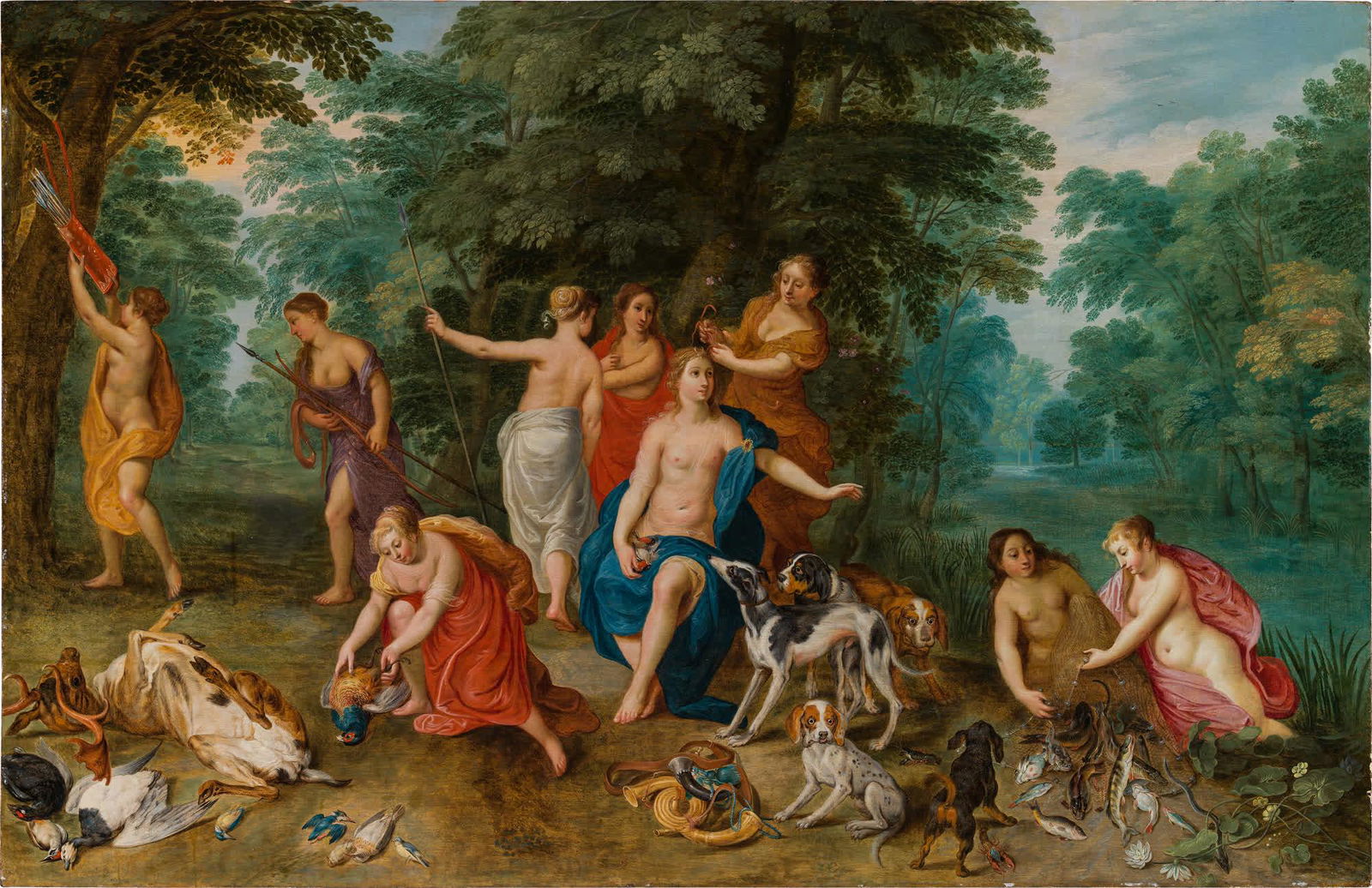 Jan Brueghel the Younger and Hendrik van Balen: Diana and her nymphs after the hunt: Jan Brueghel the Younger and Hendrik van Balen Diana and her nymphs after the hunt c. 1630 oil on panel; parqueted 73.5 x 114 cm private property, Austria In front of an idyllic forest landscape, Dian