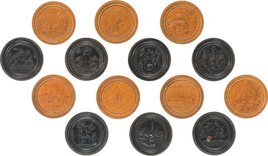 14 Game pieces: 14 Game pieces hardwood, partly stained black; partly signed "P.h.M." for Philipp Heinrich Müller (1654-1719), partly dated dm. 6.2 cm