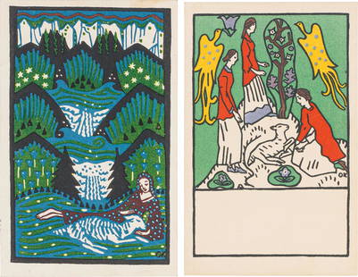Oskar Kokoschka: Two postcards: Oskar Kokoschka Two postcards colour lithographs on cardboard, Wiener Werkstätte postcards no. 79 and 147; unframed 14 x 9 cm each Elisabeth Schmuttermeier (ed.)/Christian Witt-Dörring (ed.), Po