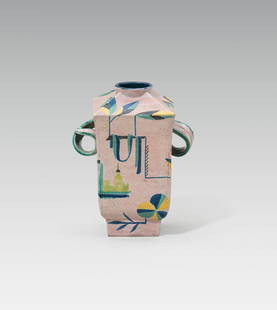 Hilda Jesser: Vase with handels: Hilda Jesser Vase with handels ceramics, red-brown shard, colourfully painted and glazed; marked on the bottom with "W/AUSTRIA" and model no. "874"; professionally restored on one corner h. 23.5 cm Be