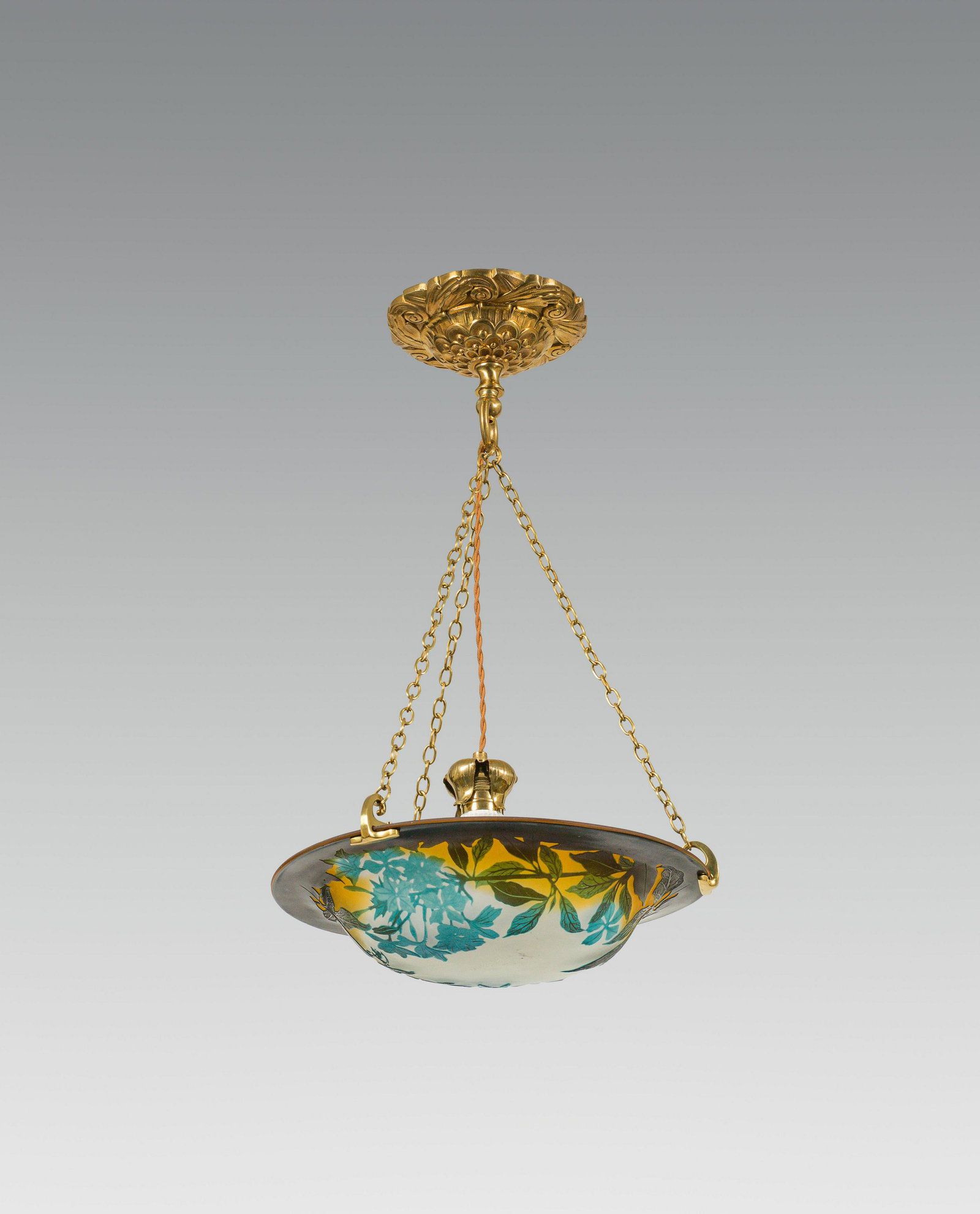Ã‰mile GallÃ©: Ceiling lamp: Ã‰mile GallÃ© Ceiling lamp colourless glass, overlaid in honey yellow and blue and etched; original brass mounting; etched signature "GallÃ©" h. 58.5 cm; dm. 35.1 cm