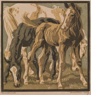 Norbertine Bresslern-Roth: Foals: Norbertine Bresslern-Roth Foals October 1944 colour linocut on paper; framed 22.9 x 22 cm (depiction size); 24 x 23 cm (cut-out) signed on the lower right: Bresslern-Roth inscribed on the lower left: