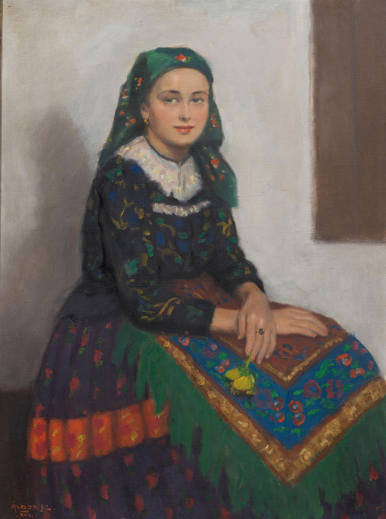 János László Áldor: Ungarisches Mädchen: János László Áldor Ungarisches Mädchen 1943 Öl auf Leinwand; gerahmt 80 x 60 cm Signiert und datiert links unten: Aldor J. L. / (1)943 Privatbesitz, Österreich 