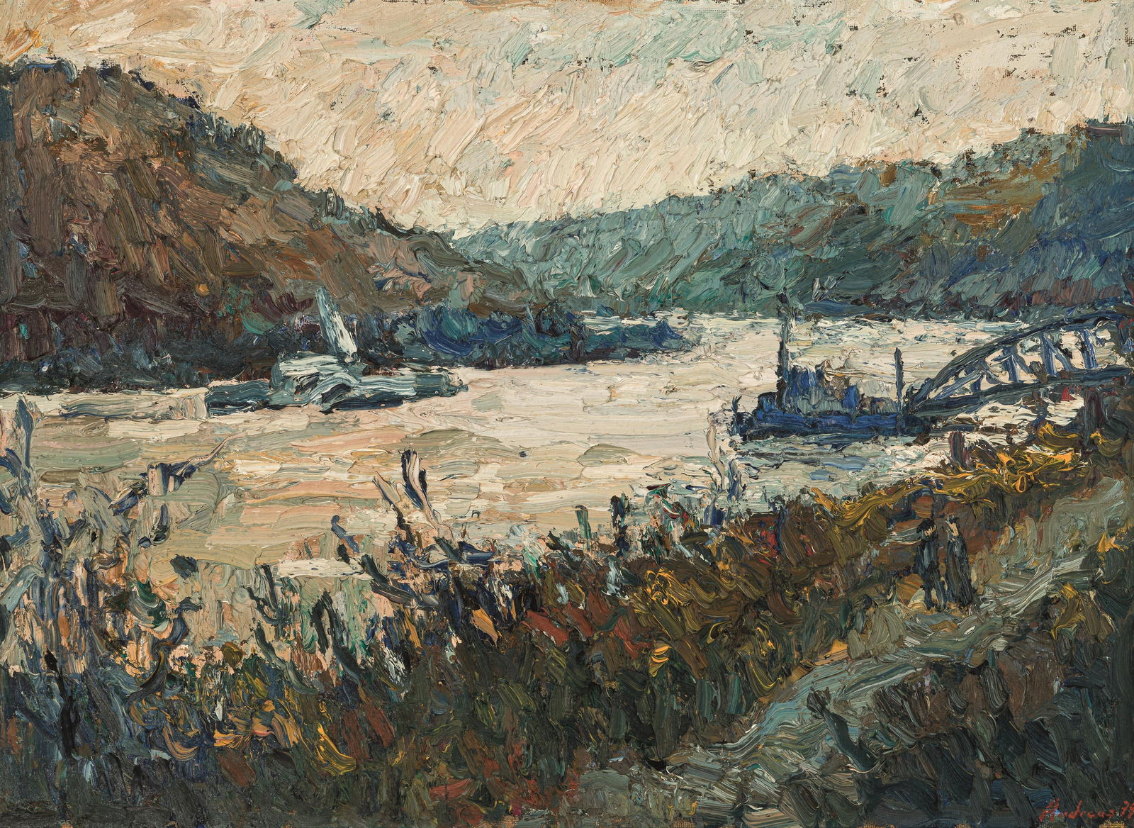 Hans Andreas: Wachau, Anlegestelle bei Spitz a.d. Donau: Hans Andreas Wachau, Anlegestelle bei Spitz a.d. Donau 1979 Öl auf Hartfaserplatte; gerahmt 53 x 73 cm Signiert und datiert rechts unten: Andreas 79 Privatsammlung, Österreich Hans
