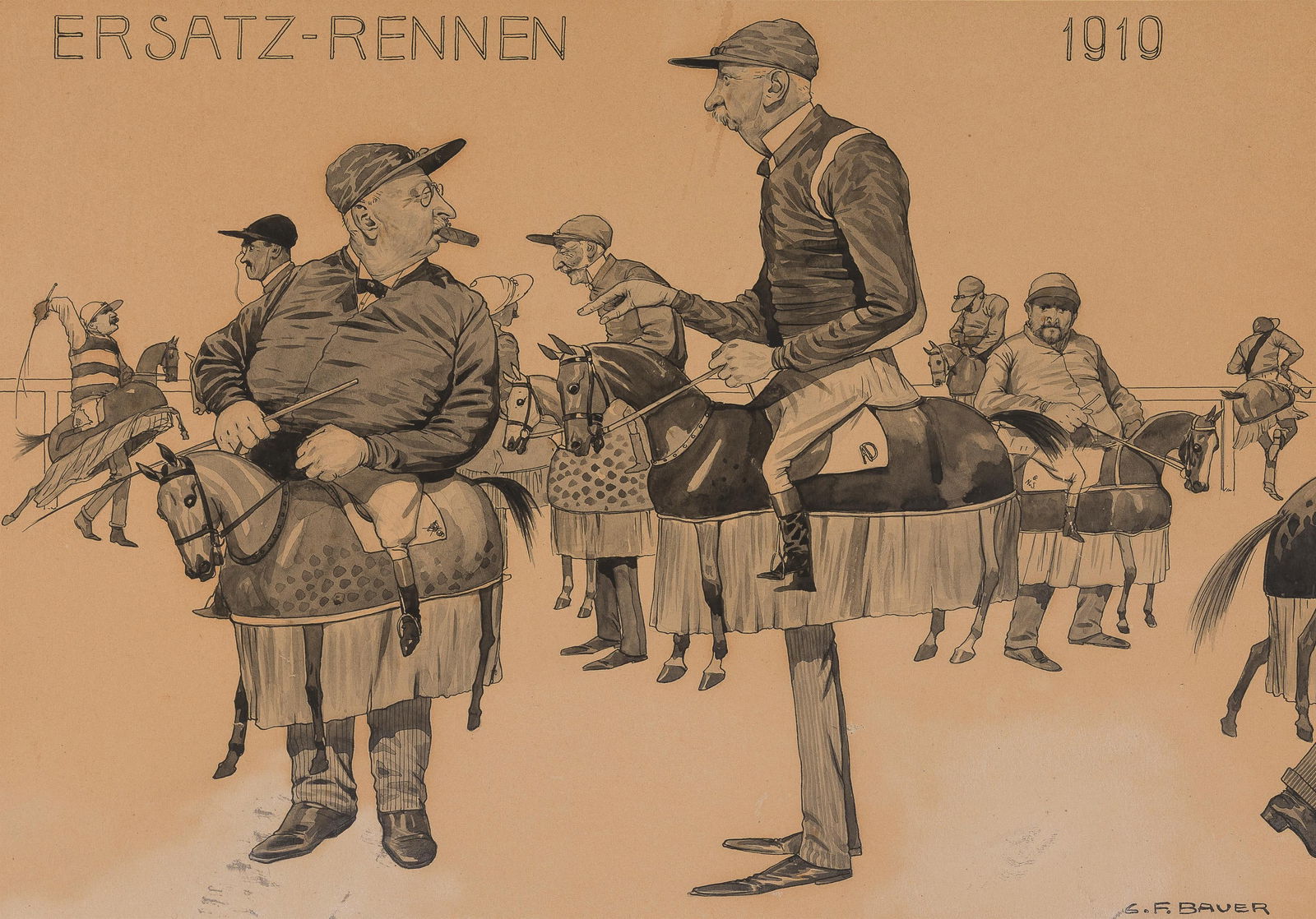 Carl Franz Bauer: Ersatz-Rennen: Carl Franz Bauer Ersatz-Rennen 1919 Tusche laviert, weiß gehöht, auf Papier; gerahmt 26,7 x 37,7 cm Signiert rechts unten: C. F. Bauer Bezeichnet links oben "Ersatz-Rennen" und datiert