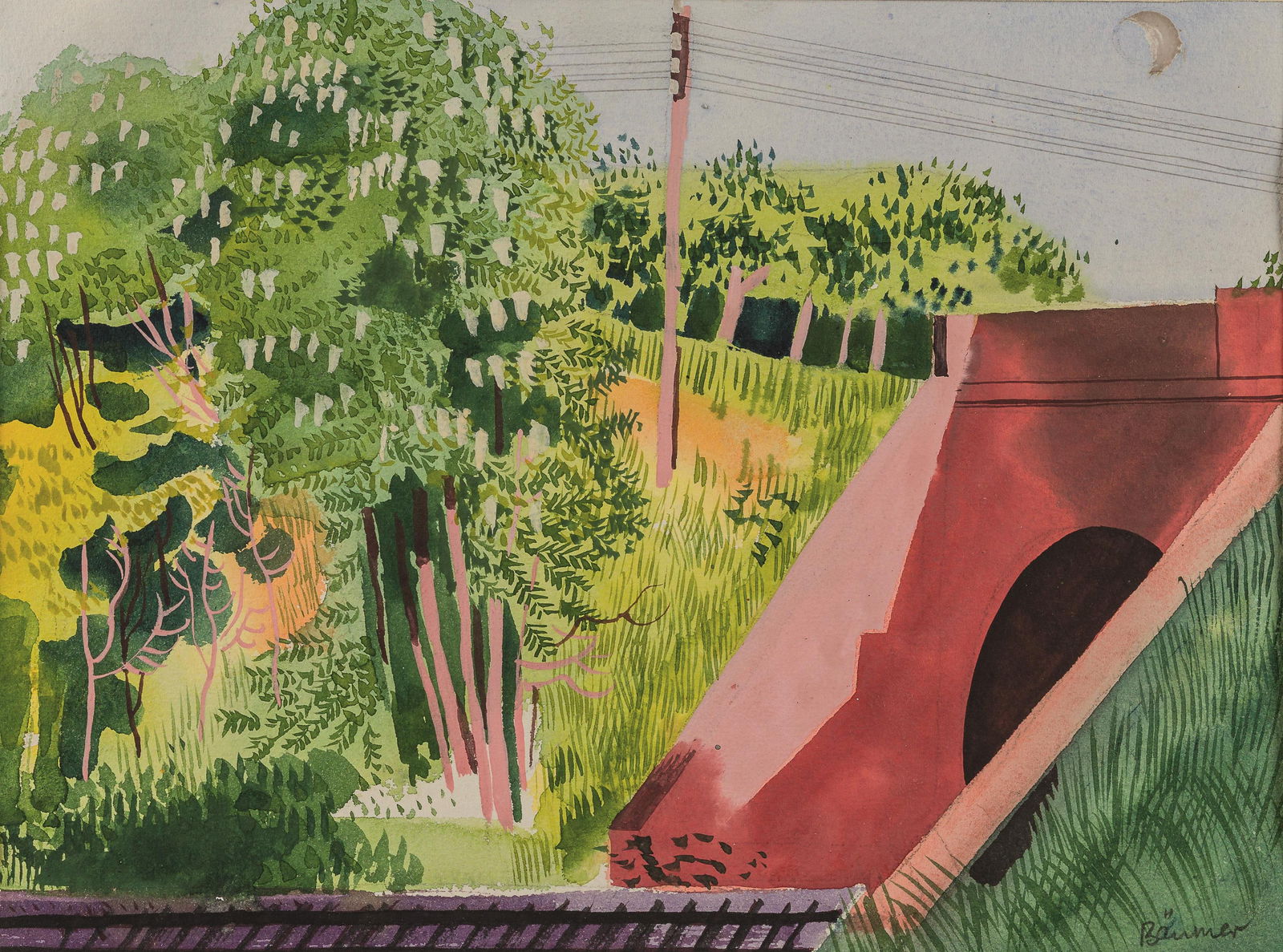 Eduard Bäumer: Tunnel in einer Landschaft: Eduard Bäumer Tunnel in einer Landschaft Aquarell auf Papier; ungerahmt (in Passepartout) 25 x 33 cm (Blattmaß), 36 x 50,2 cm (Passepartout) Signiert rechts unten: Bäumer Privatbesitz,