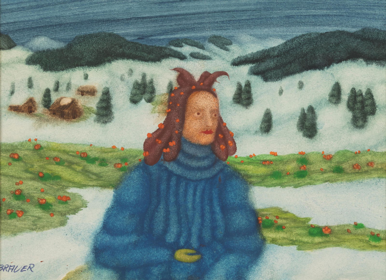 Arik Brauer: Frau im Schnee: Arik Brauer Frau im Schnee Aquarell auf Papier; gerahmt (ohne Glas) 24 x 16,5 cm Signiert links unten: Brauer Rückseitig am Rückkarton bezeichnet: 638 / Frau im Schnee österreichischer
