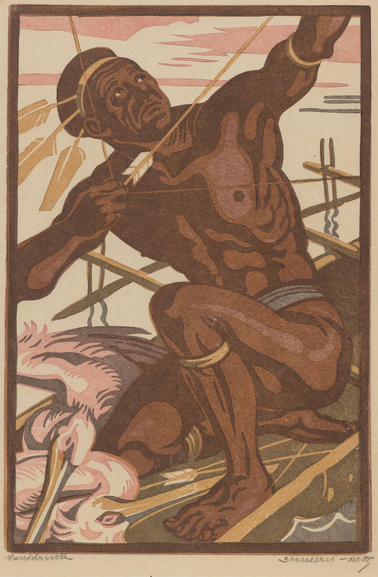 Norbertine Bresslern-Roth: Bogenschütze: Norbertine Bresslern-Roth Bogenschütze Oktober 1949 Farblinolschnitt auf Papier; gerahmt 27,3 x 18 cm (Blattmaß), 25,6 x 17 cm (Darstellung) Signiert rechts unten: Bresslern-Roth Bezeichnet