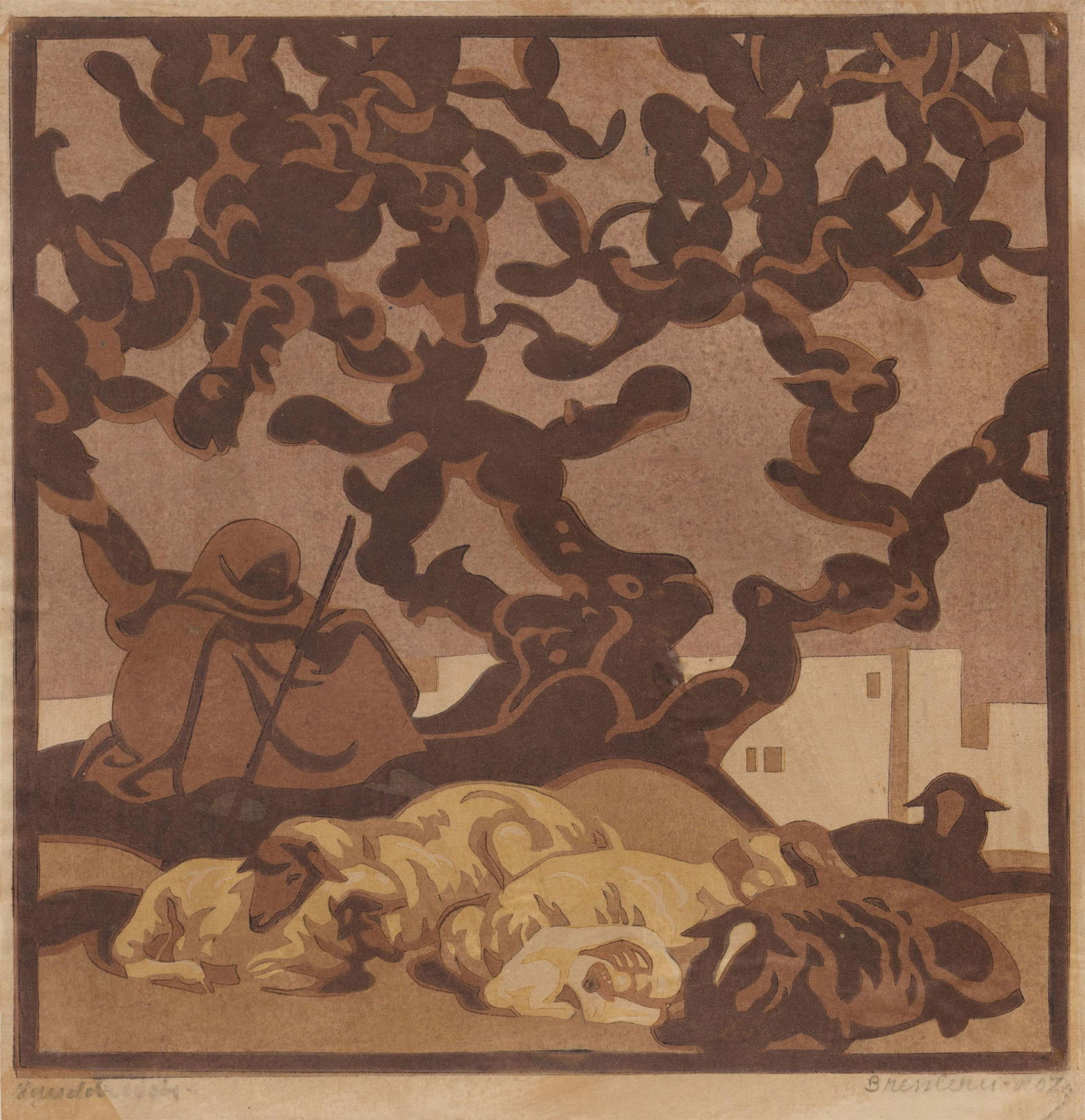 Norbertine Bresslern-Roth: Hirte: Norbertine Bresslern-Roth Hirte September 1928 Farblinolschnitt auf Papier; gerahmt 24,3 x 23,5 cm (Blattmaß), 22,8 x 22,7 cm (Darstellung) Signiert rechts unten: Bresslern-Roth Bezeichnet links