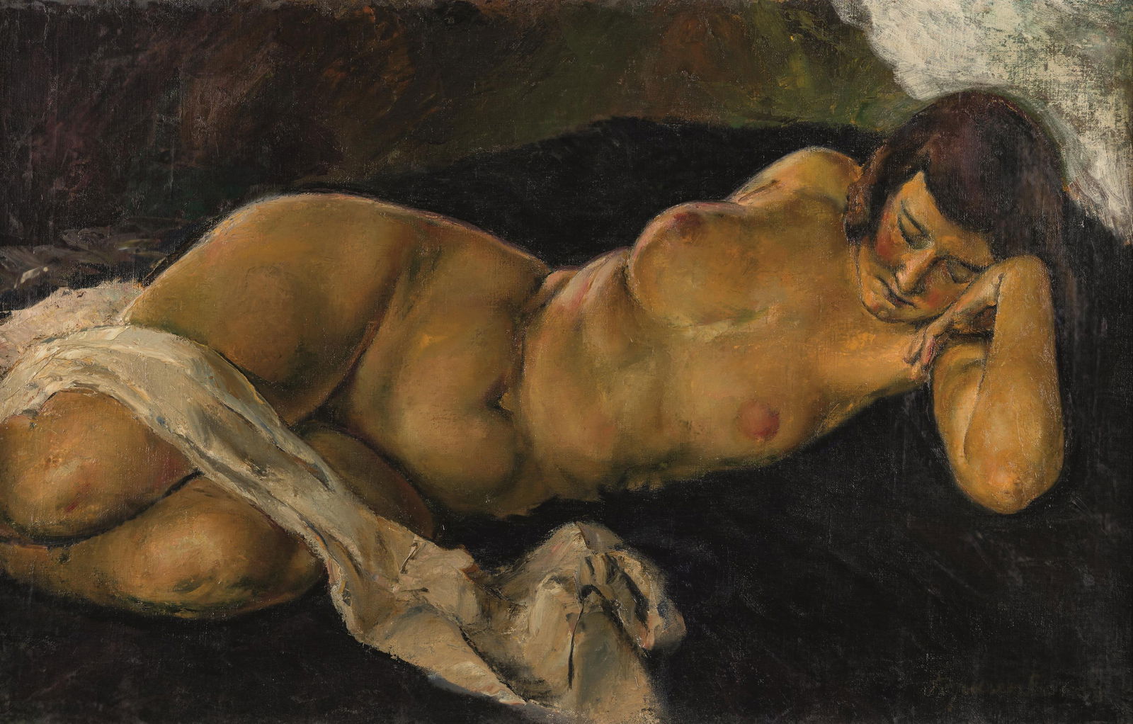 Arthur Brusenbauch: Liegender weiblicher Akt nach links: Arthur Brusenbauch Liegender weiblicher Akt nach links Öl auf Leinwand; gerahmt 58 x 90,5 cm Signiert rechts unten: ABrusenbauch Rückseitig Ausstellungsetikett Rückseitig