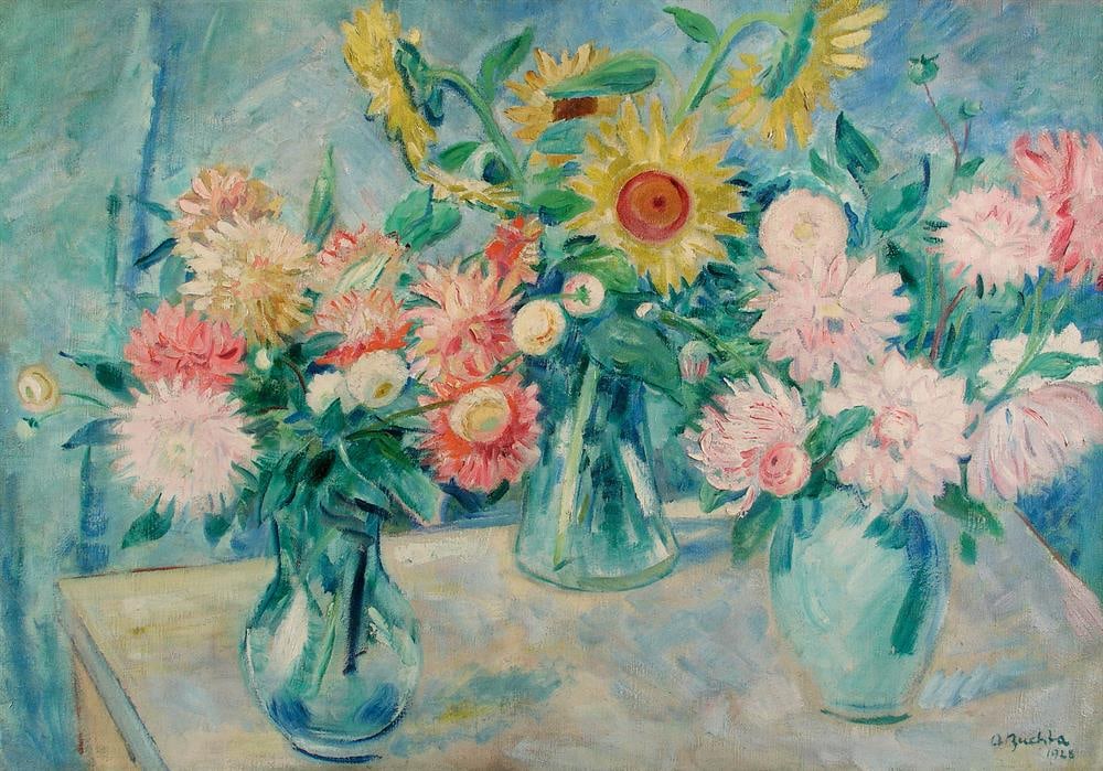 Alfred Buchta: Drei Vasen: Alfred Buchta Drei Vasen 1928 Öl auf Leinwand; gerahmt 70 x 100 cm Signiert und datiert rechts unten: A. Buchta / 1928 Rückseitig am Keilrahmen alte Ausstellungsetiketten sowie bezeichnet: