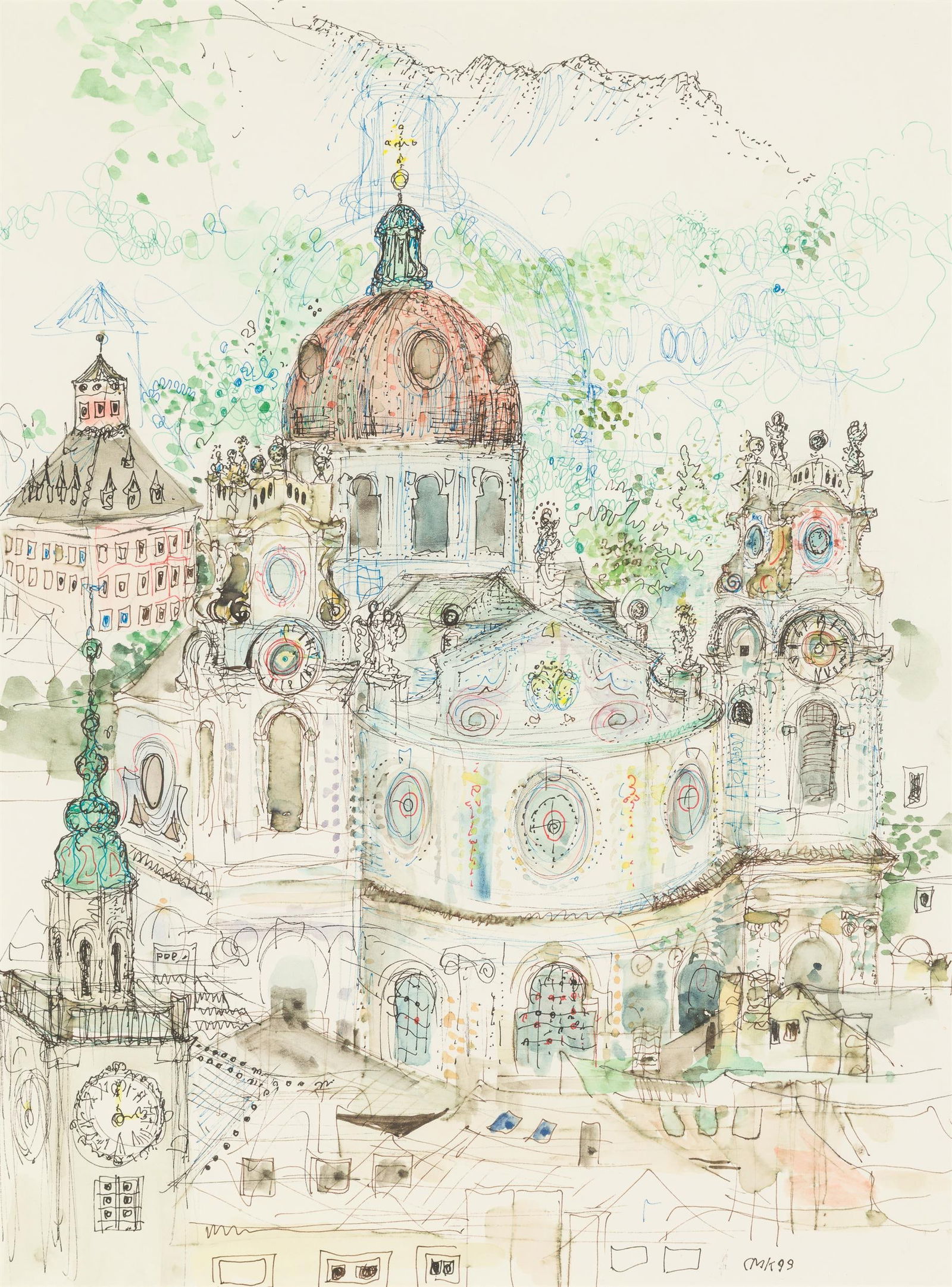 Michael Coudenhove-Kalergi: Salzburger Dom: Michael Coudenhove-Kalergi Salzburger Dom 1999 Tusche und Aquarell auf Papier; gerahmt 39 x 29 cm (Passep.-Ausschnitt) Monogrammiert und datiert rechts unten: CMK 99 Signiert unten am Passepartout