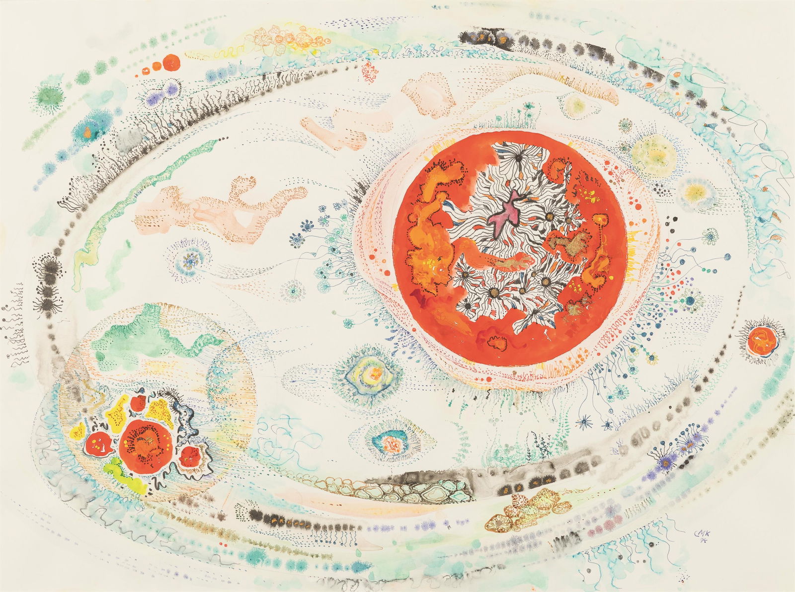 Michael Coudenhove-Kalergi: o. T.: Michael Coudenhove-Kalergi o. T. 1994 Tusche und Aquarell auf Papier; gerahmt 34 x 46 cm (Passep.-Ausschnitt) Monogrammiert und datiert rechts unten: CMK / (19)94 Mit Widmung auf dem Passepartout