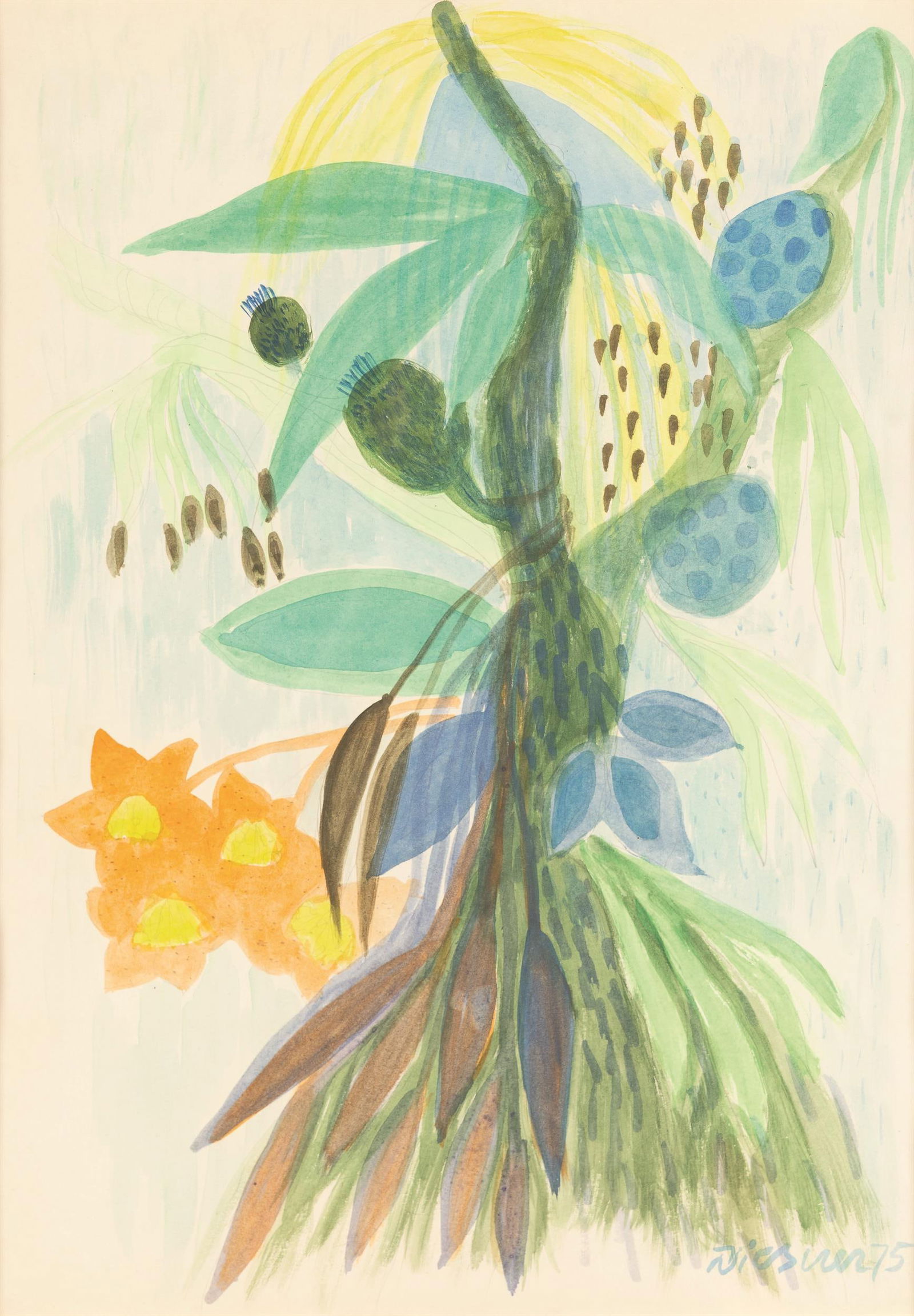 Gerhild Diesner: Blumenstillleben: Gerhild Diesner Blumenstillleben 1975 Aquarell und Bleistift auf Papier; gerahmt 48 x 34 cm (Passep.-Ausschnitt) Signiert und datiert rechts unten: Diesner 75 österreichischer Privatbesitz 