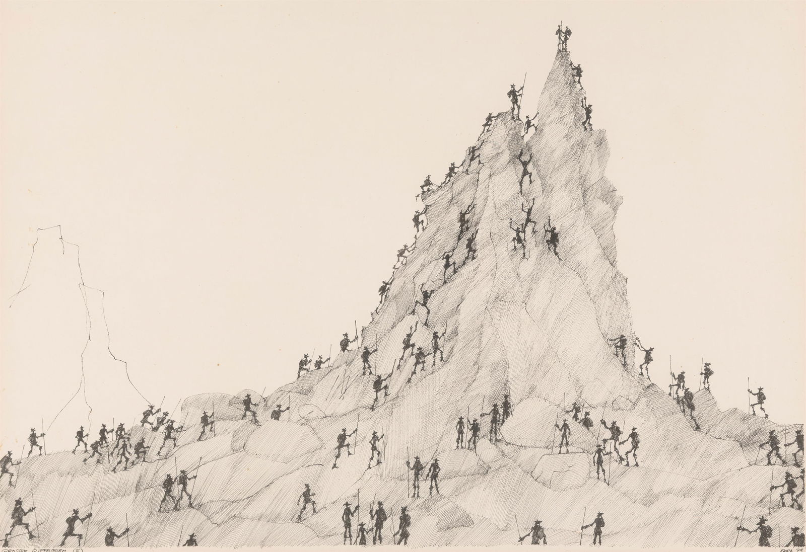 Paul Flora: Großer Gipfelsturm: Paul Flora Großer Gipfelsturm 1979 Tusche auf Papier; gerahmt 33,5 x 47,5 cm (Passep.-Ausschnitt) Signiert und datiert rechts unten: Flora 79 Bezeichnet links unten: Grosser Gipfelsturm (II)